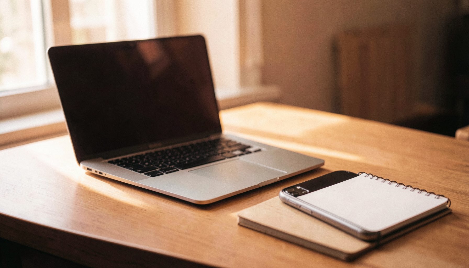 A clean desk setup with a modern laptop, smartphone, and a notebook, bathed in soft natural light with a warm, inviting atmosphere